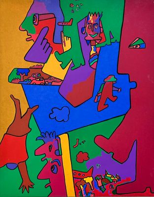 abstract painting of a group of people in various colors and shapes