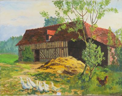 une peinture à l'huile représentant une grange avec des poulets devant