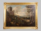 painting of a landscape with figures and animals in a wooded setting