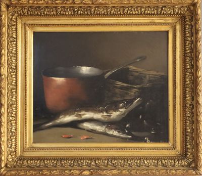 une peinture à l'huile représentant un poisson et un pot posés sur une table
