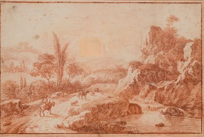 un dessin représentant un paysage avec une rivière et un homme à cheval
