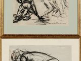 two framed drawings of a man kneeling down and a woman kneeling down