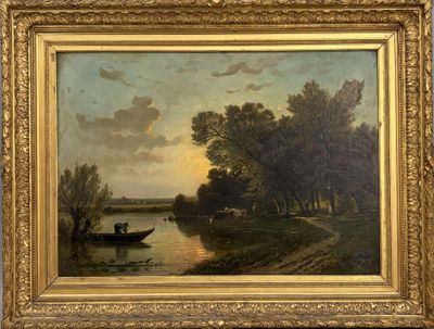 tableau représentant un paysage fluvial avec un bateau au premier plan