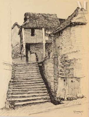 dessin d'un vieux bâtiment avec un escalier qui y mène