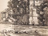 dessin représentant une rivière avec un château en arrière-plan et des arbres au premier plan