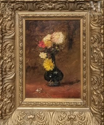a painting of flowers in a black vase on a table