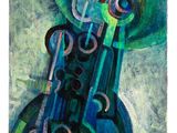 an abstract painting of a violin with a green background