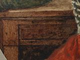 a painting of a woman sitting at a table with a bowl of fruit