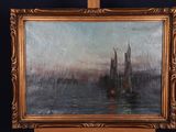 une peinture à l'huile représentant un bateau sur un plan d'eau, avec une ville en arrière-plan