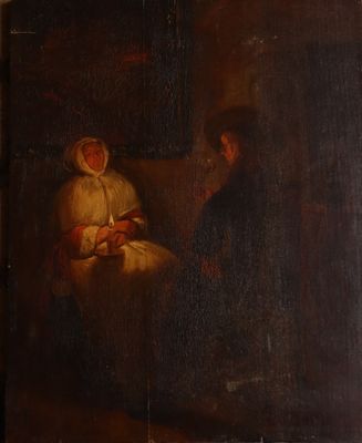 an old painting of a man and a woman sitting in a dark room