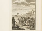 an old book with a drawing of a group of people standing on a beach