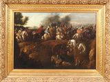 une peinture à l'huile représentant un groupe d'hommes à cheval dans un champ