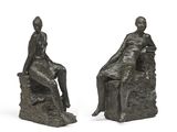 une paire de sculptures en bronze représentant une femme assise sur un rocher et un homme assis sur un rocher