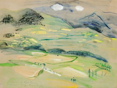 l'image d'un tableau représentant un paysage avec des montagnes en arrière-plan