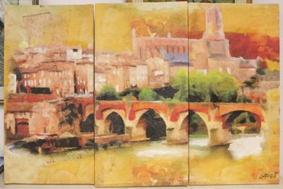 a painting of a bridge over a river with buildings in the background