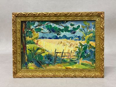 un tableau représentant un champ avec une clôture et des arbres en arrière-plan