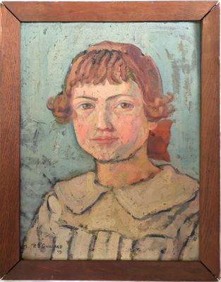 tableau représentant une jeune fille vêtue d'une robe marron ornée d'un nœud rouge