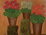 peinture représentant trois géraniums en pot alignés sur une table