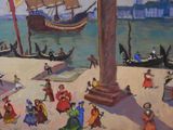a painting of people walking on the beach by the water