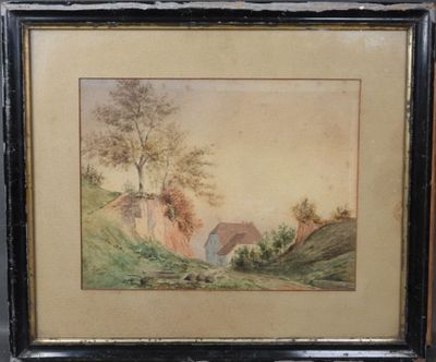 une image d'une peinture représentant une maison sur une colline