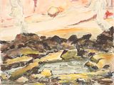 une image représentant une aquarelle d'un coucher de soleil sur des rochers