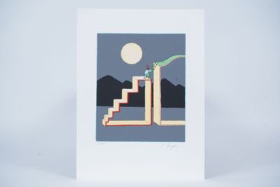 a white card with a picture of a dinosaur climbing stairs