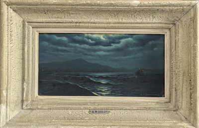 une image représentant un tableau où l'on voit un bateau en mer sous un ciel nuageux