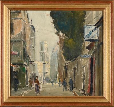 an oil painting of a street scene with people walking down the street