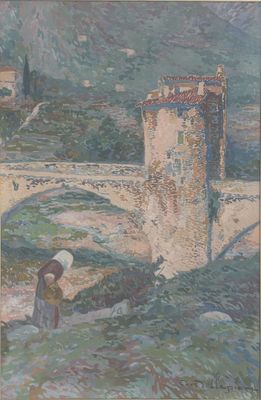 painting of a woman with an umbrella standing in front of a bridge