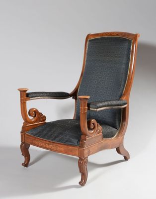 an image of a wooden chair with a blue upholstered seat