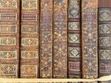 a row of old books on a shelf with a paddle
