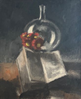 un tableau représentant un vase contenant des fleurs