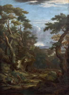 une image représentant un tableau représentant un paysage boisé avec un homme et un chien