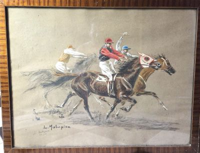 une photo d'un tableau représentant deux jockeys à cheval