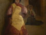 un tableau représentant une femme en robe jaune debout devant un miroir