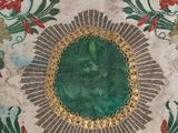 an image of a table cloth with a picture of a woman on it