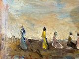une peinture à l'huile représentant un groupe de personnes marchant à travers un champ