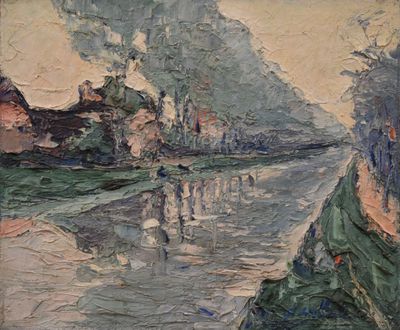 un tableau représentant un homme marchant sur un sentier au bord de l'eau