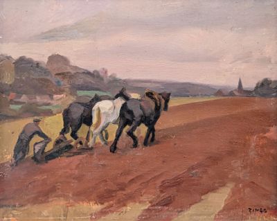 a painting of a man plowing a field with two horses