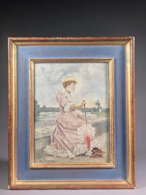 painting of a lady in a pink dress with a parasol and a dog