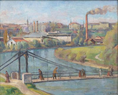 painting of a painting of a bridge over a river with a city in the background