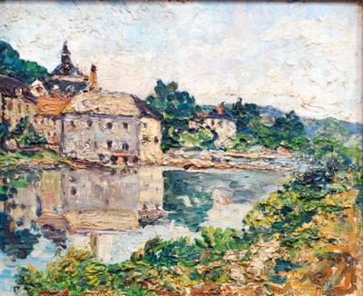 an oil painting of a painting of a river with buildings in the background