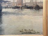 painting of a harbor scene with boats in the water and a man holding an umbrella