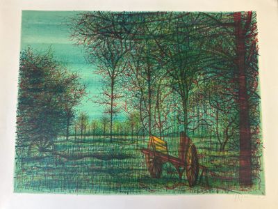 tableau représentant une calèche tirée par des chevaux dans un champ bordé d'arbres