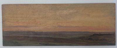 une image représentant un tableau représentant un coucher de soleil sur un paysage vallonné