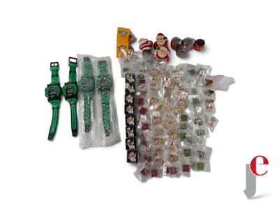 a bag of candy, a watch, and other items on a white surface