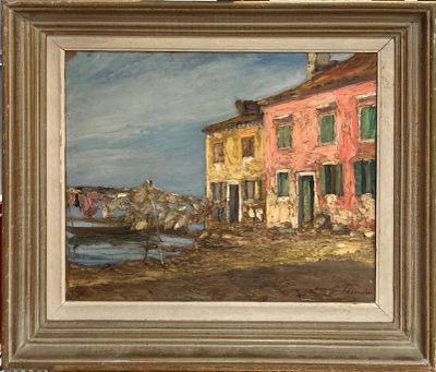 une peinture représentant une calèche devant un immeuble