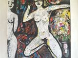 painting of a nude woman in a white dress with a man in the background