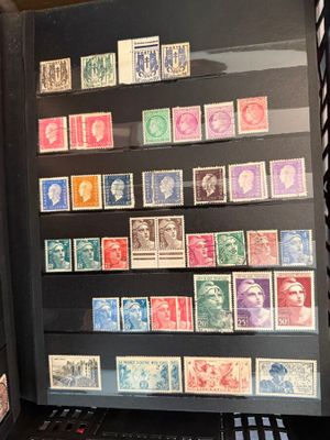 une vitrine sur laquelle sont exposés de nombreux timbres