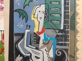 a painting of a woman holding a cell phone next to a painting of a man